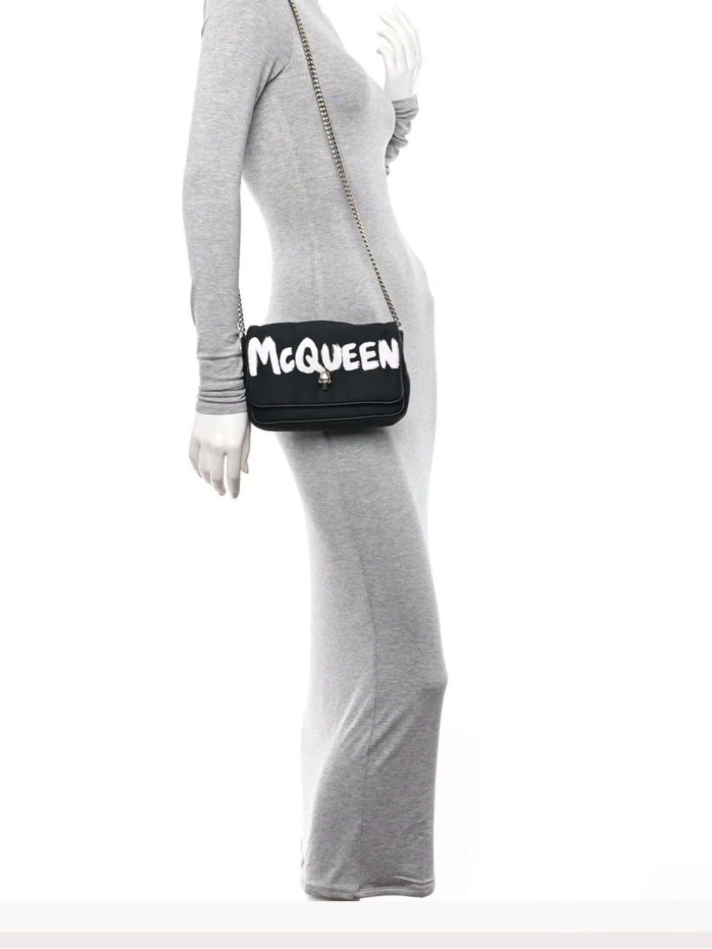 ALEXANDER MCQUEEN Nylon Graffiti Skull Small Crossbody Bag Black White